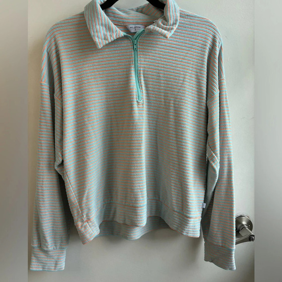 Peloton Turquoise and Orange Striped Terry Cloth 1/2 Zip - Picture 1 of 5